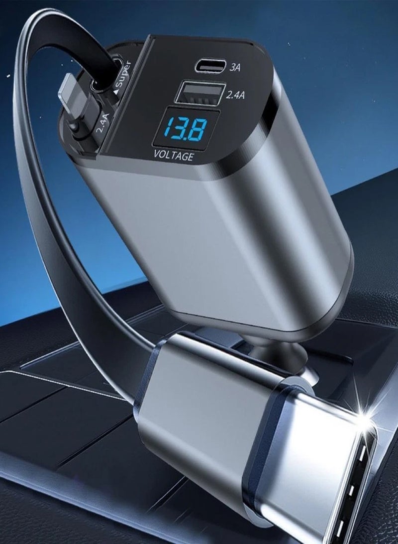 120W Car Charger, 4-In-1 USB Pd Car Charger Type C Fast Charging, Retractable Cable (31.5 Inch) And 2 Usb Ports Car Charger Adapter Type-C & Lightning Cables Compatible With Iphone 16/15/14/13/12 Pro Max Xr, Ipad, Pixel - Image 3