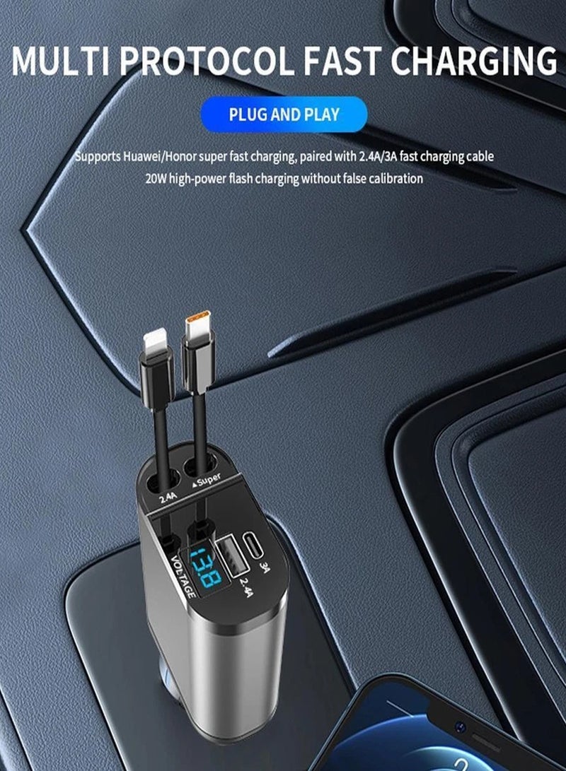 120W Car Charger, 4-In-1 USB Pd Car Charger Type C Fast Charging, Retractable Cable (31.5 Inch) And 2 Usb Ports Car Charger Adapter Type-C & Lightning Cables Compatible With Iphone 16/15/14/13/12 Pro Max Xr, Ipad, Pixel - Image 2