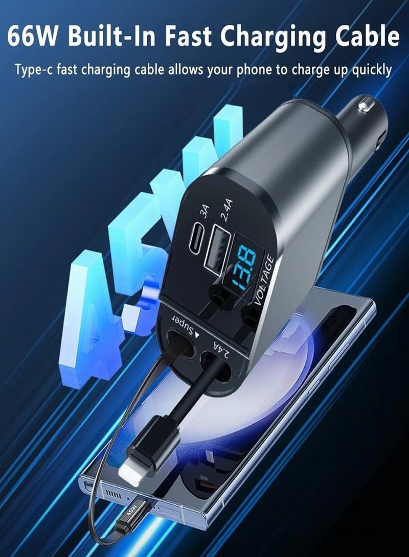 120W Car Charger, 4-In-1 USB Pd Car Charger Type C Fast Charging, Retractable Cable (31.5 Inch) And 2 Usb Ports Car Charger Adapter Type-C & Lightning Cables Compatible With Iphone 16/15/14/13/12 Pro Max Xr, Ipad, Pixel - Image 5
