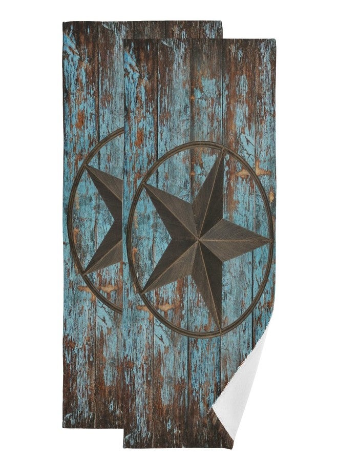 AIYOOLER Western Hand Towels Set of 2,Rustic Country Barn Texas Star on Teal Wooden Plank Small Bath Towels Soft Absorbent Decorative Bathroom Hand Towels for Kitchen Dish Spa Yoga Guest 14.4"x28.3" - Image 1