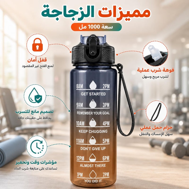 Water Bottle 1L with Carry Handle, BPA-Free Leak-Resistant Plastic Sports Bottle for Gym, Fitness, School, Work, Travel and Daily Use FL-1263 (Black & Orange) - Image 4