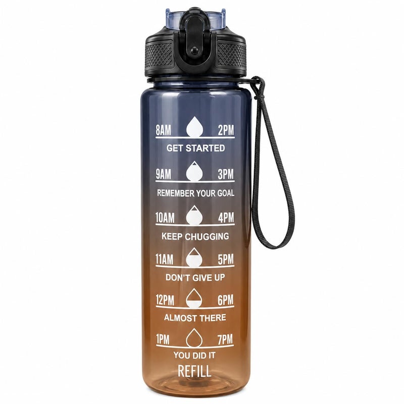 Water Bottle 1L with Carry Handle, BPA-Free Leak-Resistant Plastic Sports Bottle for Gym, Fitness, School, Work, Travel and Daily Use FL-1263 (Black & Orange) - Image 1