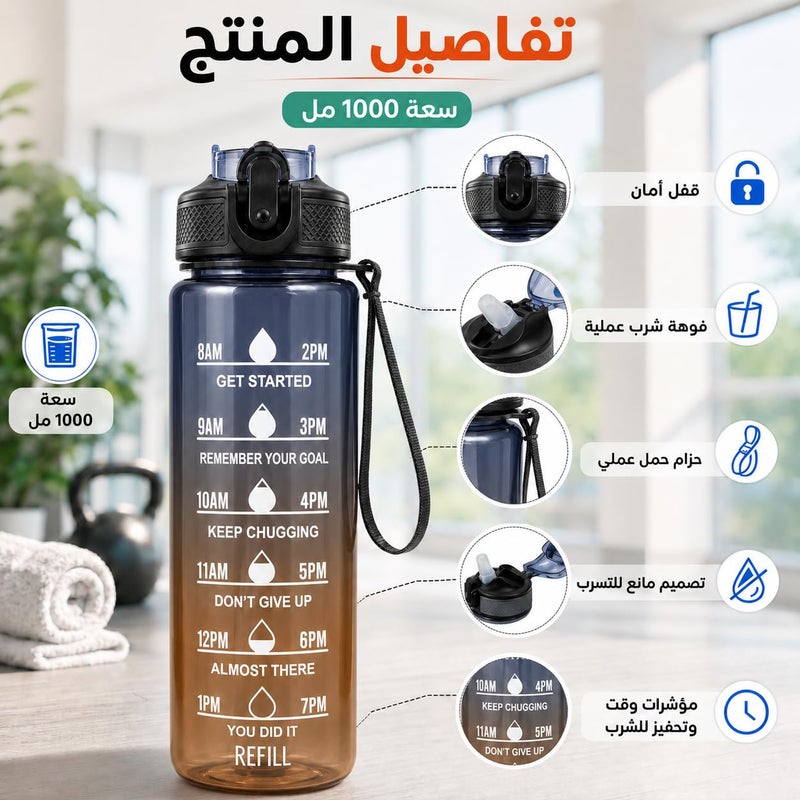 Water Bottle 1L with Carry Handle, BPA-Free Leak-Resistant Plastic Sports Bottle for Gym, Fitness, School, Work, Travel and Daily Use FL-1263 (Black & Orange) - Image 2