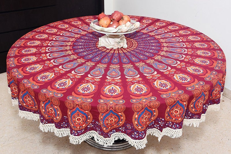 RHF Cotton Traditional Design Dining Round Table Cover with Lace Border Multicolor 75 Inch Round Pack of 1 - Image 2