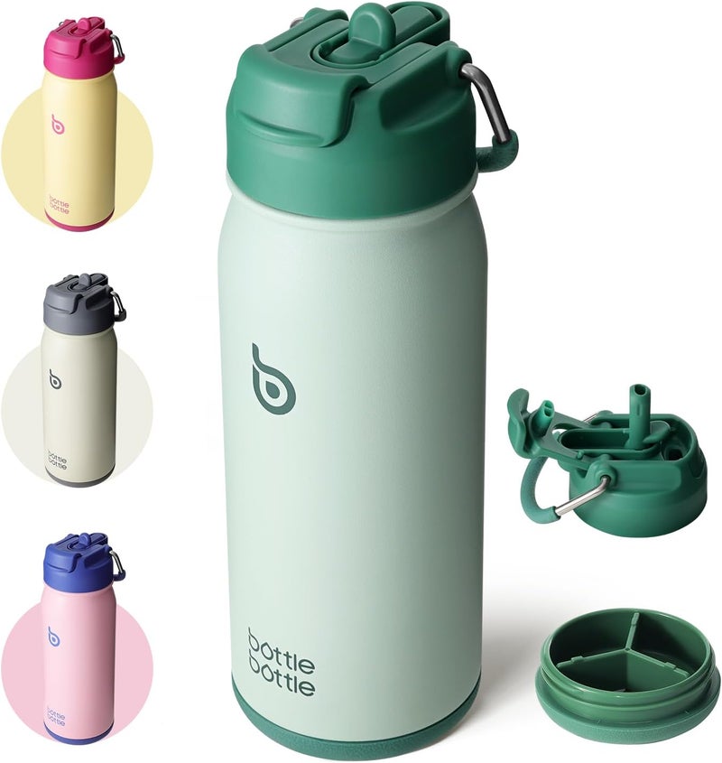 BOTTLE BOTTLE 16 oz Insulated Sports Water Bottle with Straw and Pill Holder - Green - Image 1