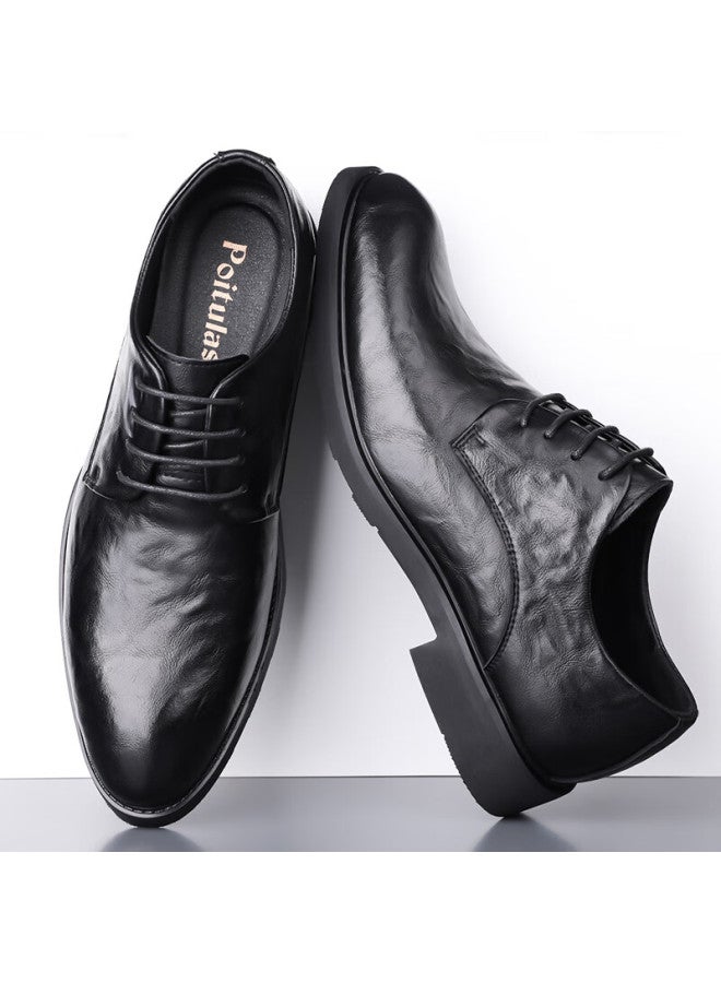 Poitulas Men's Hand-grained Lace-up Business Casual Shoes Lightweight Formal Wedding Shoes 229 Black Size 42 - Image 3