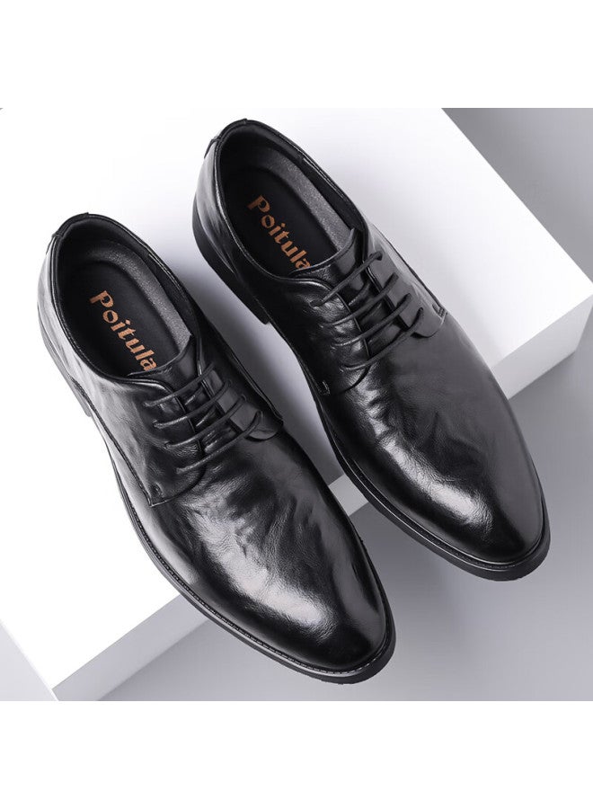 Poitulas Men's Hand-grained Lace-up Business Casual Shoes Lightweight Formal Wedding Shoes 229 Black Size 42 - Image 2
