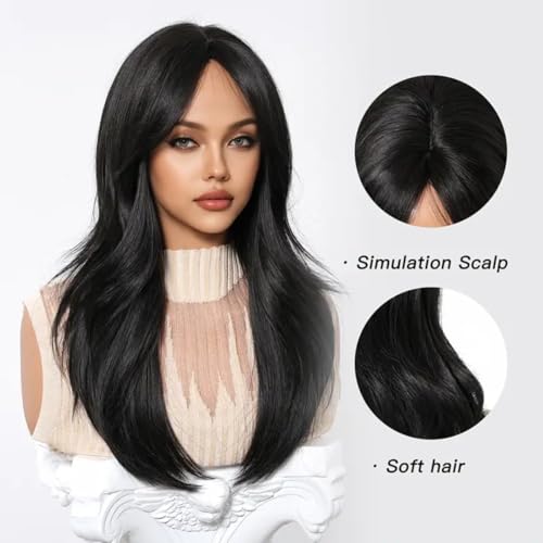 ASSU Women’s Black Wavy Straight Wig with Bangs | 150% Density Soft Synthetic Hair | Comfortable Rose Net Cap | Stylish Wig for Daily USe, Christmas & Special Occasions - Image 4