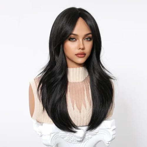 ASSU Women’s Black Wavy Straight Wig with Bangs | 150% Density Soft Synthetic Hair | Comfortable Rose Net Cap | Stylish Wig for Daily USe, Christmas & Special Occasions - Image 2