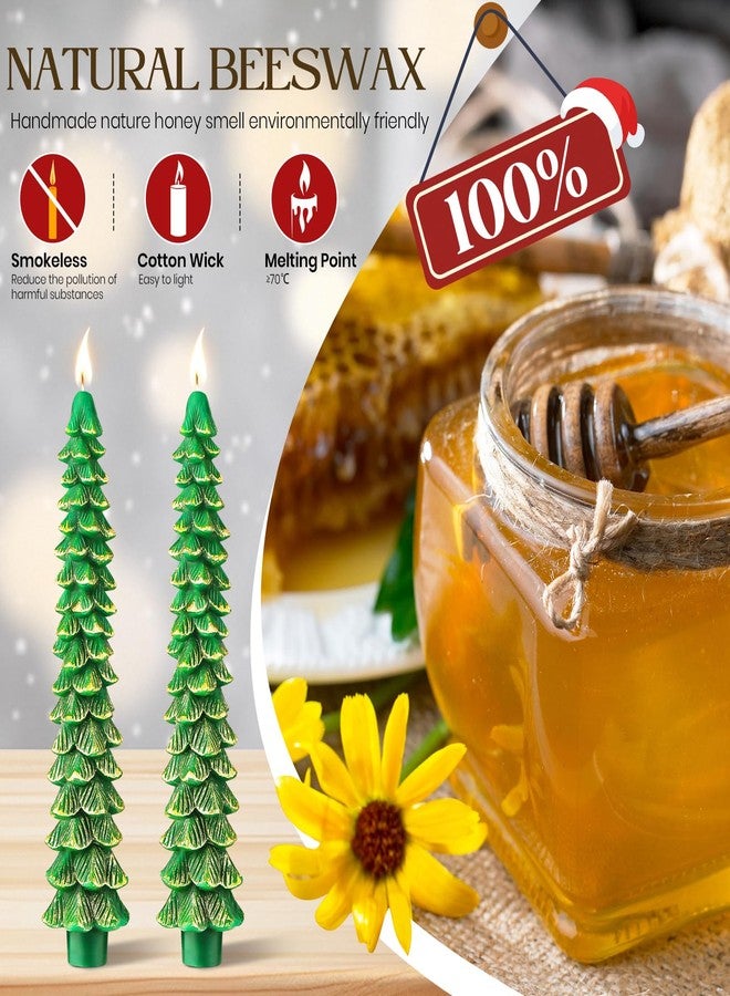 Ceoighe 2 Pcs 10 Inch Christmas Tree Candles, Premium Natural Unscented Beeswax Christmas Tree Shaped Taper Candles with Cotton Wick, for Xmas Holiday Decor Party Banquet (Green with Gold Trim) - Image 3