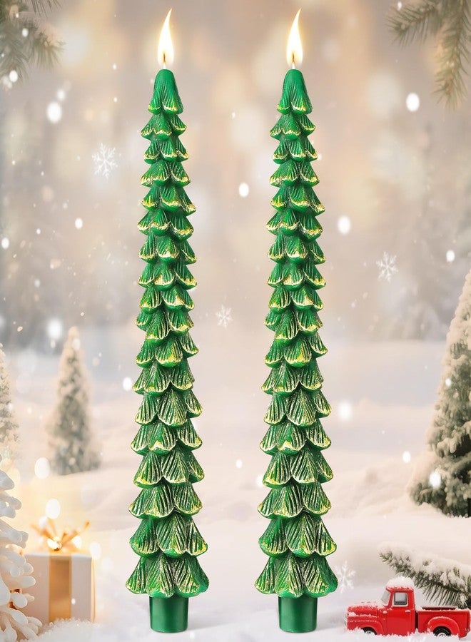 Ceoighe 2 Pcs 10 Inch Christmas Tree Candles, Premium Natural Unscented Beeswax Christmas Tree Shaped Taper Candles with Cotton Wick, for Xmas Holiday Decor Party Banquet (Green with Gold Trim) - Image 1