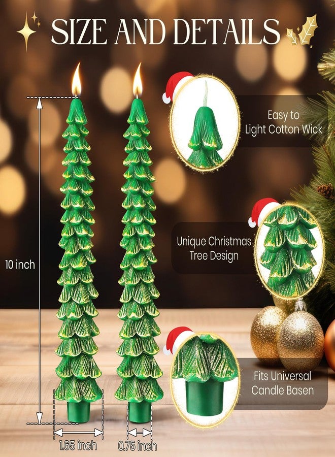 Ceoighe 2 Pcs 10 Inch Christmas Tree Candles, Premium Natural Unscented Beeswax Christmas Tree Shaped Taper Candles with Cotton Wick, for Xmas Holiday Decor Party Banquet (Green with Gold Trim) - Image 2