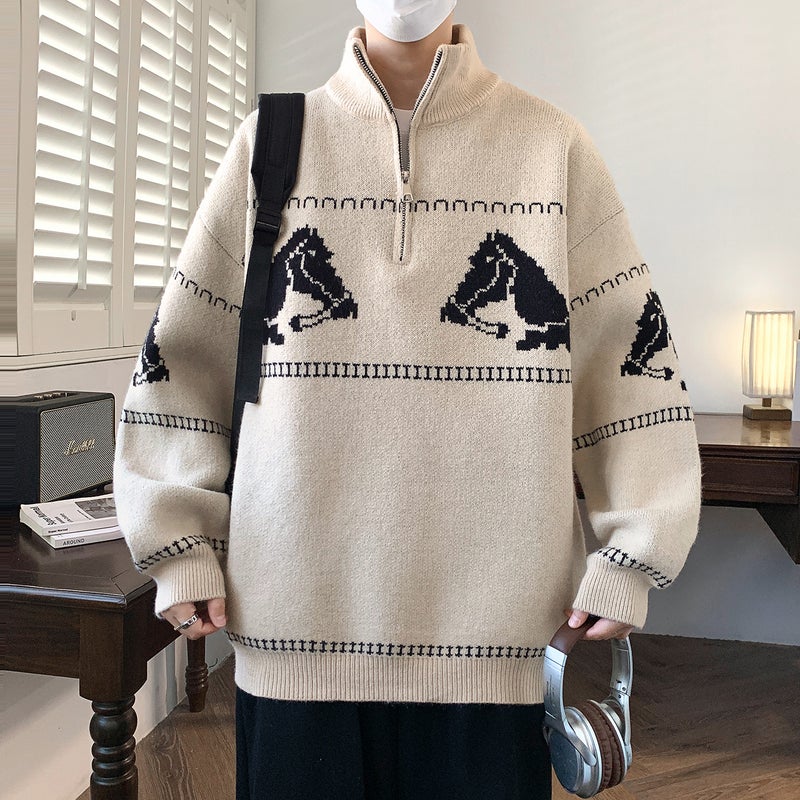 Cardigan Beige Half-zip Knitwear Men's Autumn and Winter New Year of the Stand-up Collar Warm Inner Top