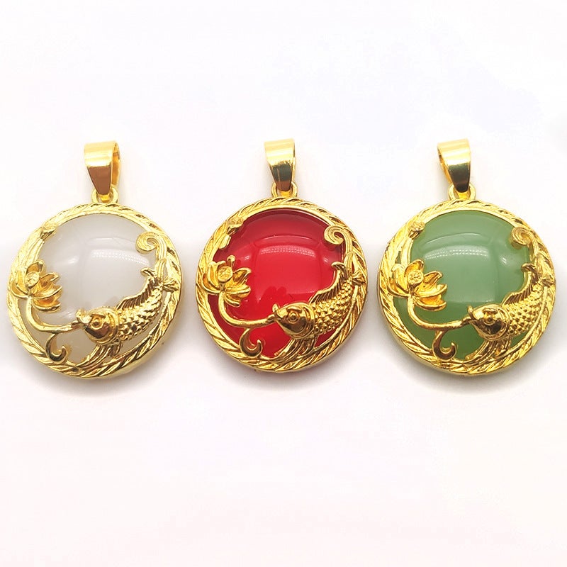Generic Gold-Plated Jade Pendant Necklace Charms Lotus fish 