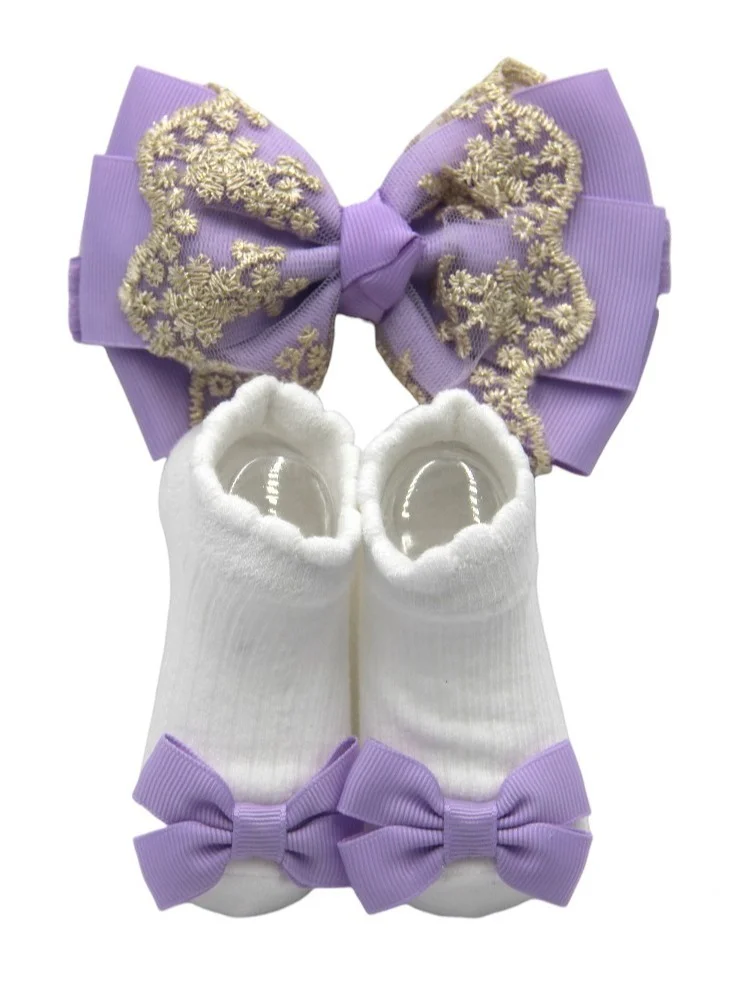 Bambimici Bambimici - Aaliyah Socks & Cute Ribbon Big Bow Headband Set - Purple