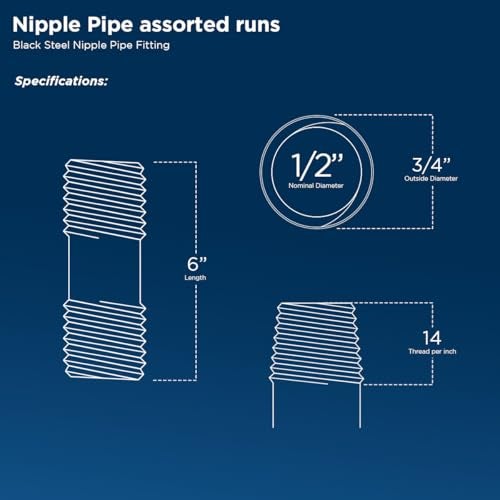 SupplyGiant 1/2 x 6 Inch Black Steel Pipe (10-Pack), Heavy Duty Industrial Malleable Iron Pipes, Pre Cut Threaded Nipple Great For All DIY Furniture And Black Pipe Shelving - Image 2