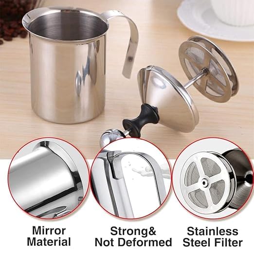 BEYKURY Stainless Steel Manual Milk Frother Handheld 400ml Coffee Foam Maker for Cappuccino Chocolate Coffee and Beating Milk - Image 3