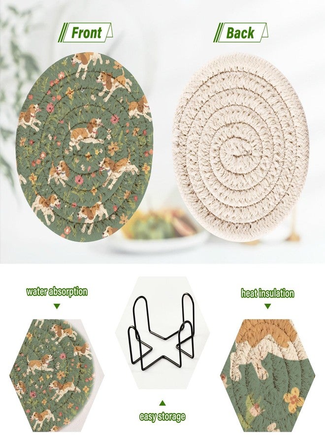 Wusikd Beagle Dogs Bar Coasters for Drink Flower Meadow Coaster Set of 6 with Metal Holder Cotton Woven Coaster for Coffee Table, Bistro Tabletop, Home Decor, Kitchen,Holiday - Image 4