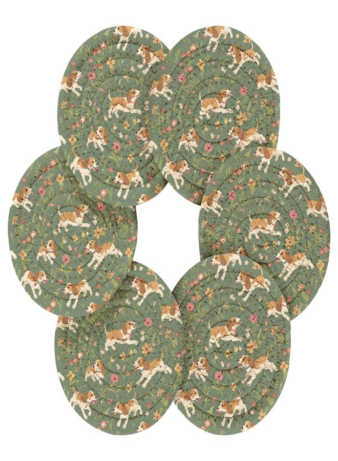 Wusikd Beagle Dogs Bar Coasters for Drink Flower Meadow Coaster Set of 6 with Metal Holder Cotton Woven Coaster for Coffee Table, Bistro Tabletop, Home Decor, Kitchen,Holiday - Image 2