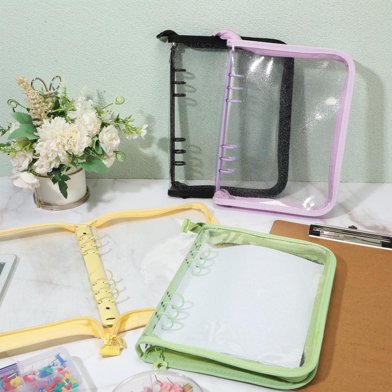 Nezyo نيزيو 4 قطع غلاف زipper A5 6 حلقات غلاف PVC غلاف ميزانية شفاف غلاف دفتر قابل للتعبئة لمخطط بطاقة الصور دفتر يوميات ألبوم صور مجلد، 10" x 7" - Image 2