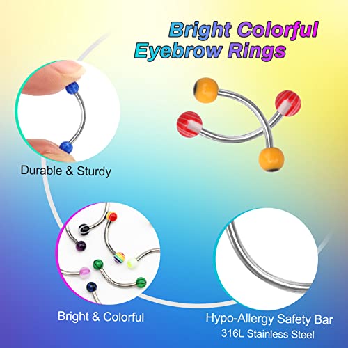 CrazyPiercing Colorful Acrylic Ball Stainless Steel Curved Bar Eyebrow Rings Tragus Piercing, 50Pcs, 16G (Stainless Steel Bar) - Image 2