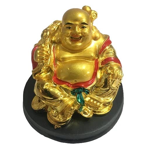 GJ Feng Shui Laughing Buddha with Wealth Statue for Money Success & Happiness Golden Vastu Idol for Home Office Decor & Prosperity (7 cm) - Image 4