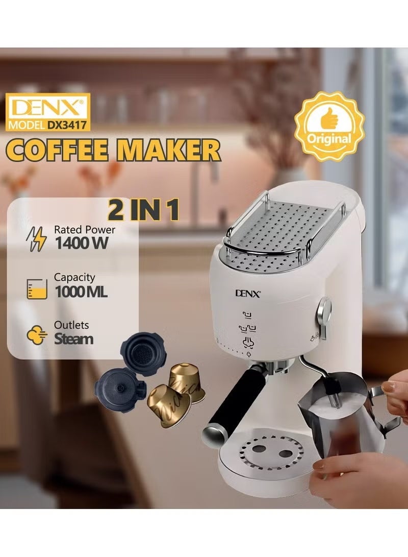 Denx 2-in-1 Coffee Maker – 20 Bar Pressure Espresso & Cappuccino Machine, Automatic Brewing with 1L Water Tank, Perfect for Lattes, Coffee Drinks, and Home or Office Use - Image 2
