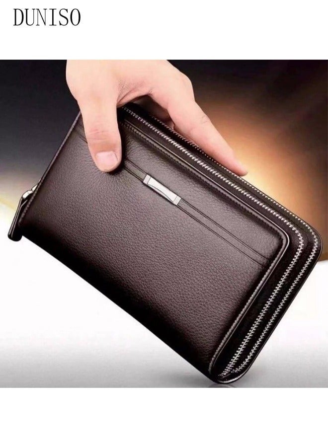 DUNISO Men's Clutch Bag Faux Leather Wallet Bag Large Capacity Light Weight Handbag Portable Envelope Phone Purse with Wrist Strap - Image 2