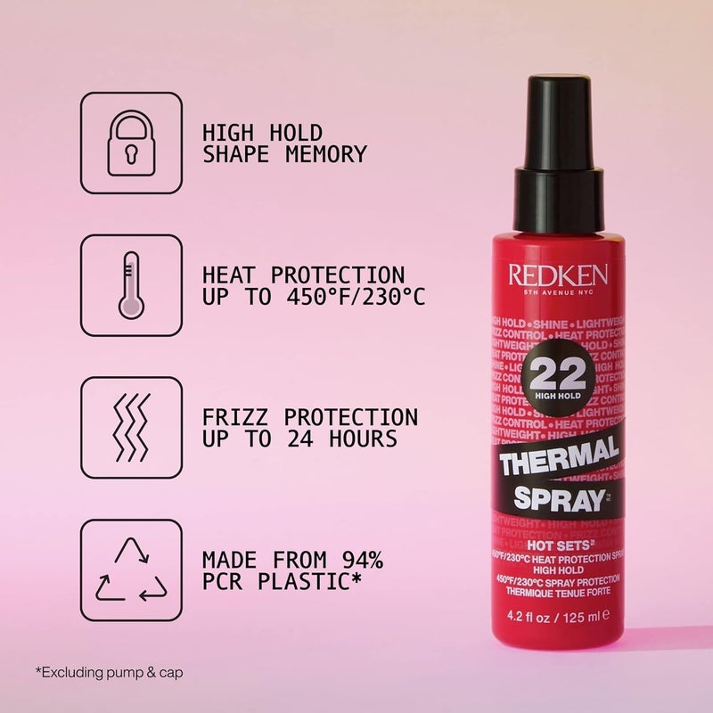 REDKEN بخاخ حراري ريدكن 22 ثبات عالي - واقي حراري ورذاذ تثبيت، لتجعيد الشعر ومكواة الشعر، تحكم دائم في التجاعيد وحماية من أضرار الحرارة - Image 1
