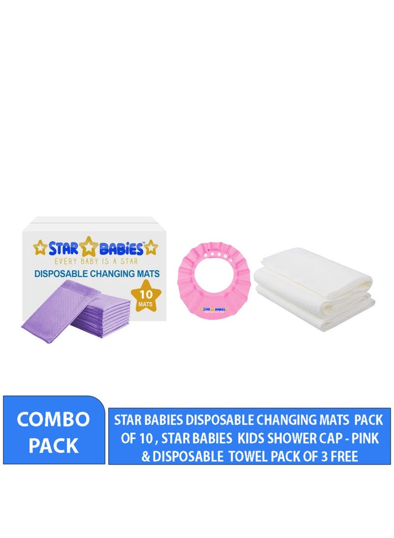 STAR BABiES Combo Pack Pack Changing Mat 10Pcs Disposable Towel 3Pcs Shower Cap Lavender - Image 1