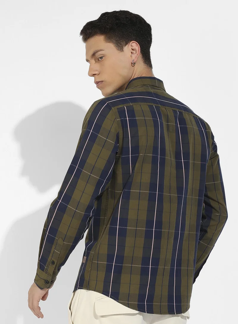 Campus Sutra Men's Olive Green Tartan Plaid Shirt