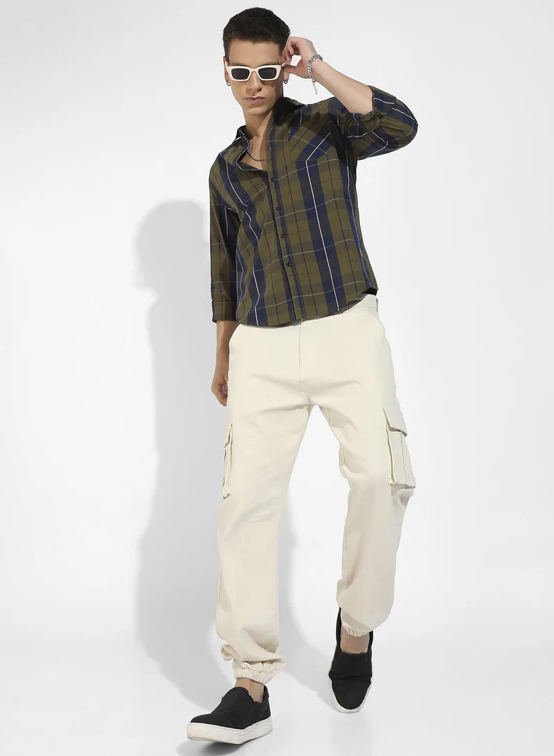 Campus Sutra Men's Olive Green Tartan Plaid Shirt