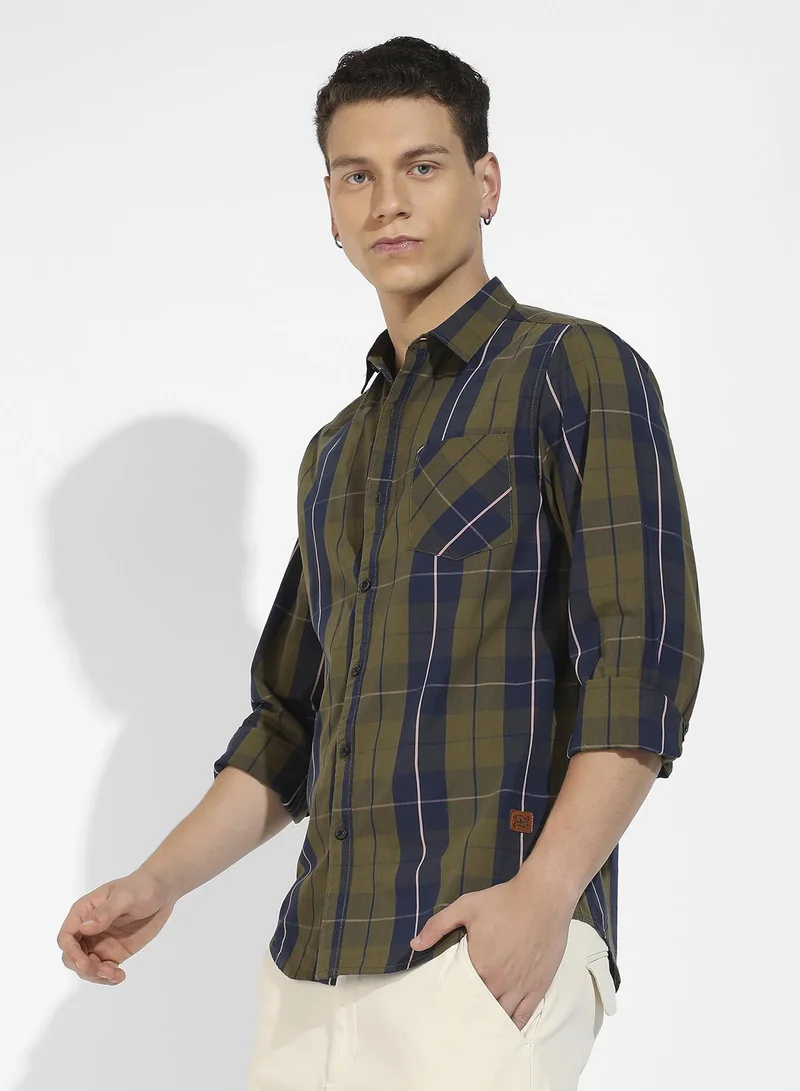 Campus Sutra Men's Olive Green Tartan Plaid Shirt