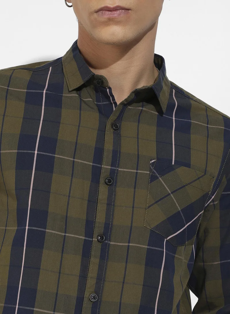 Campus Sutra Men's Olive Green Tartan Plaid Shirt