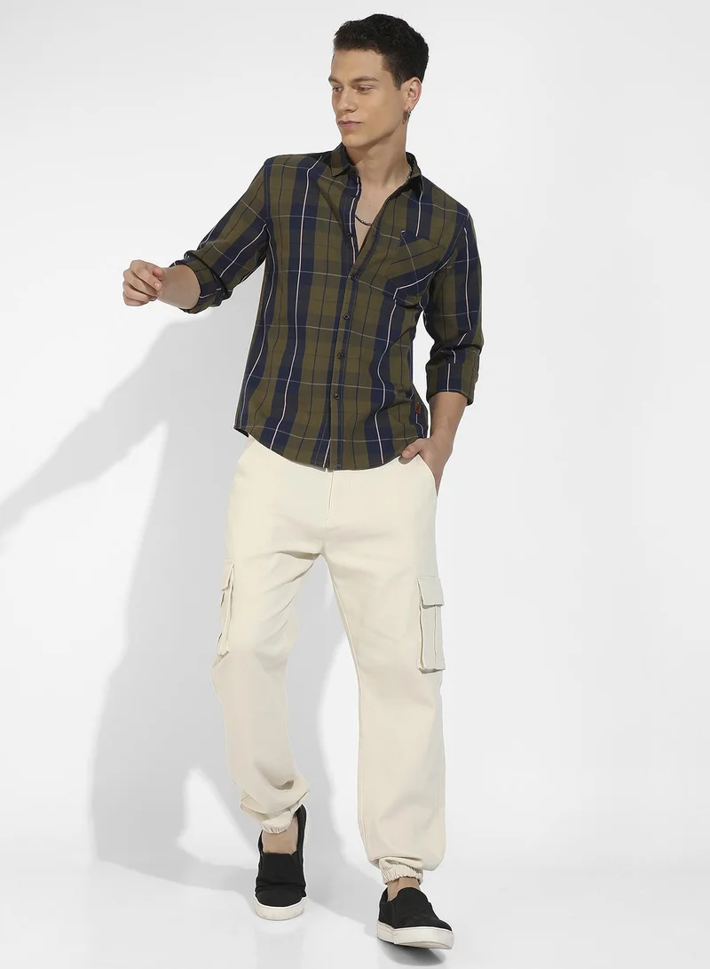 Campus Sutra Men's Olive Green Tartan Plaid Shirt