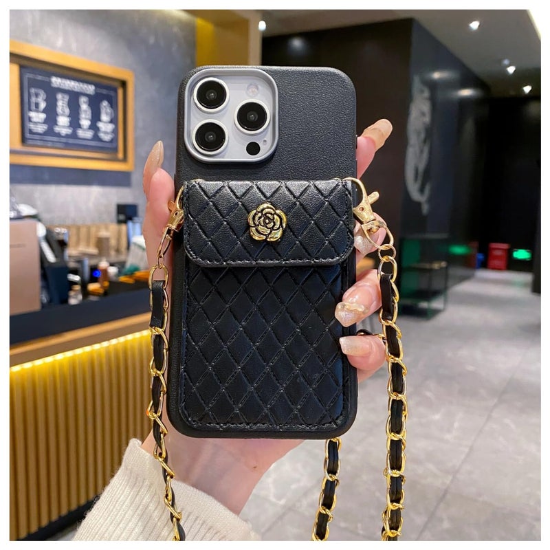 SPARKUP Crossbody Wallet Case for iPhone - Black Textured with Gold Chain, Card Holder, Strap Button Closure, Flip Kickstand, Shockproof Silicon Protective Cover (Black) (iPhone 16 Pro Max) - Image 1