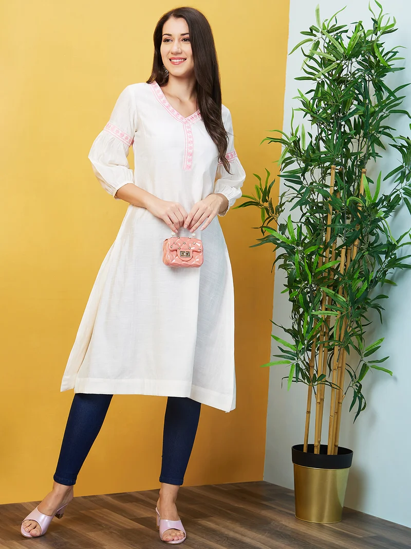 globus Women Ethnic Motifs Yoke Design V-Neck Puff Sleeves Thread Work A-Line Kurta