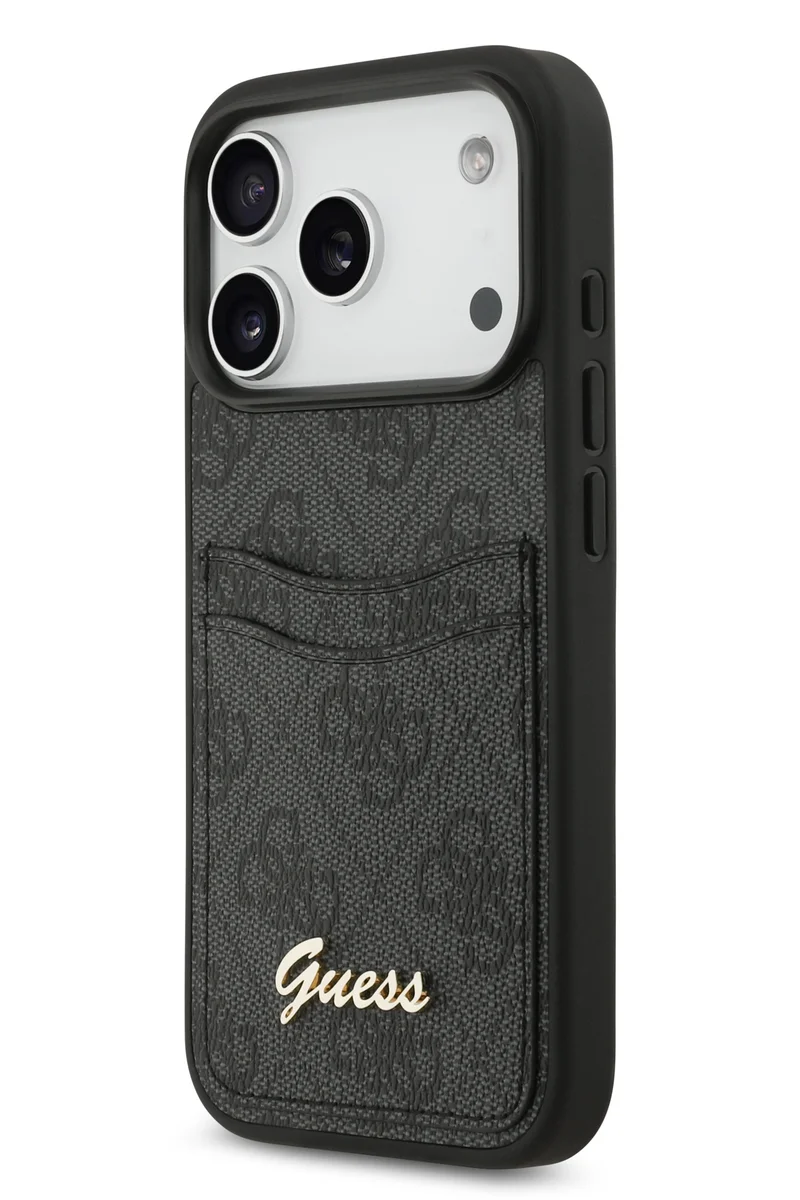 جس جراب iPhone 17 Pro من البولي يوريثان مع فتحة للبطاقات وشعار معدني مكتوب / تصميم نحيف للغاية / خفيف الوزن / سهل التركيب - أسود