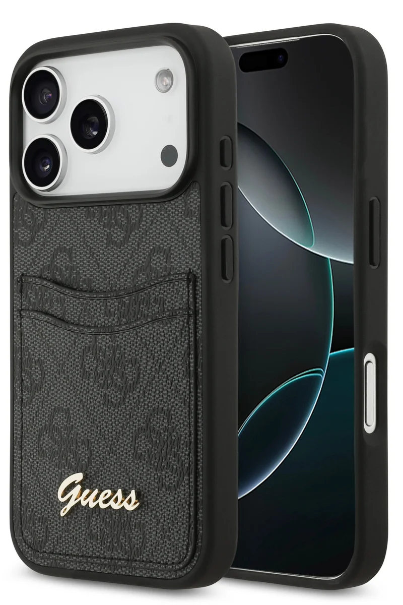 جس جراب iPhone 17 Pro من البولي يوريثان مع فتحة للبطاقات وشعار معدني مكتوب / تصميم نحيف للغاية / خفيف الوزن / سهل التركيب - أسود