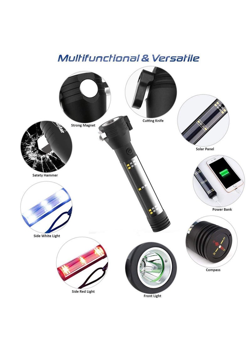 Golida - Golida Aluminium 7 Mode Rechargeable Solar LED Torch Flashlight Use for Car Emergency Tool with Window Breaker Seat Belt Cutter Compass for Camping Hiking - Image 1