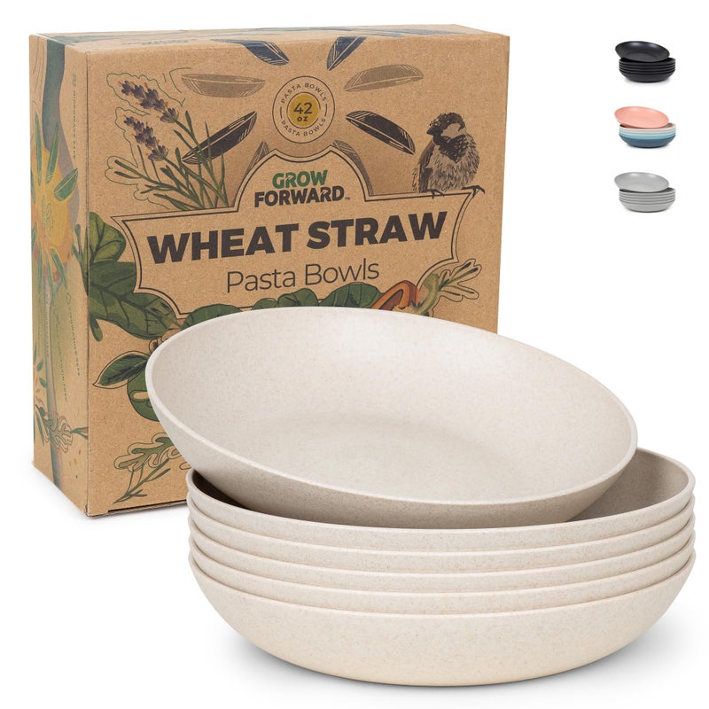 Grow Forward Premium Wheat Straw Pasta Bowls 42oz Unbreakable Wide Shallow Dinner Plate Bowls Set of 6 Microwave Safe Reusable Plastic Pasta Bowls for Kids Adults Salad Camping RV Sahara