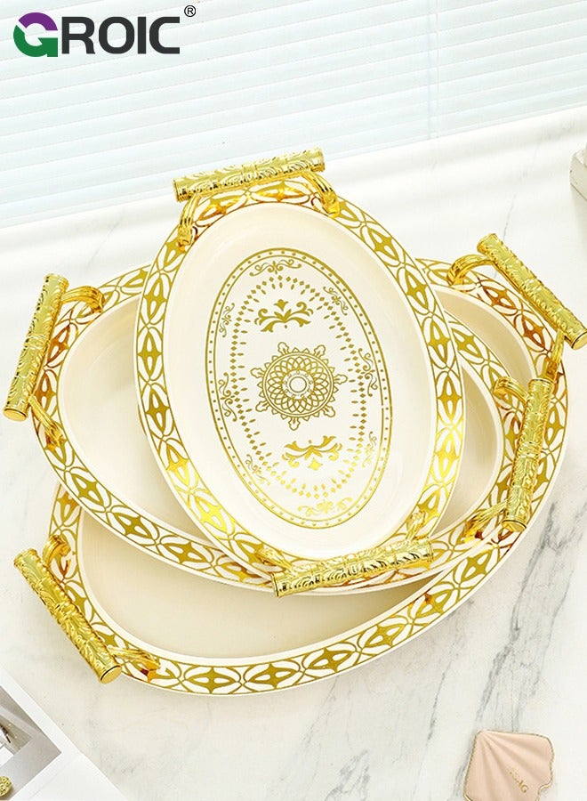 GROIC 3 Pcs Gold Borders Plastics Tray with Golden Engraving Pattern Fancy Handles, Dessert Tray Snack Serving Plate Service Plate Salad Plates Dessert Dining Table  - Image 1