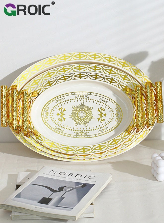 GROIC 3 Pcs Gold Borders Plastics Tray with Golden Engraving Pattern Fancy Handles, Dessert Tray Snack Serving Plate Service Plate Salad Plates Dessert Dining Table  - Image 3