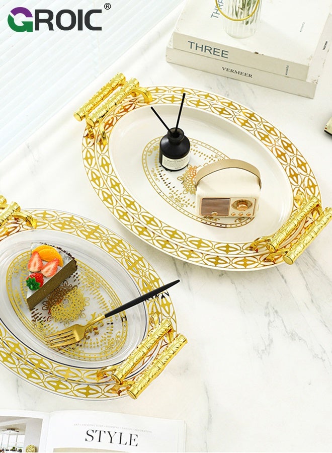 GROIC 3 Pcs Gold Borders Plastics Tray with Golden Engraving Pattern Fancy Handles, Dessert Tray Snack Serving Plate Service Plate Salad Plates Dessert Dining Table  - Image 2