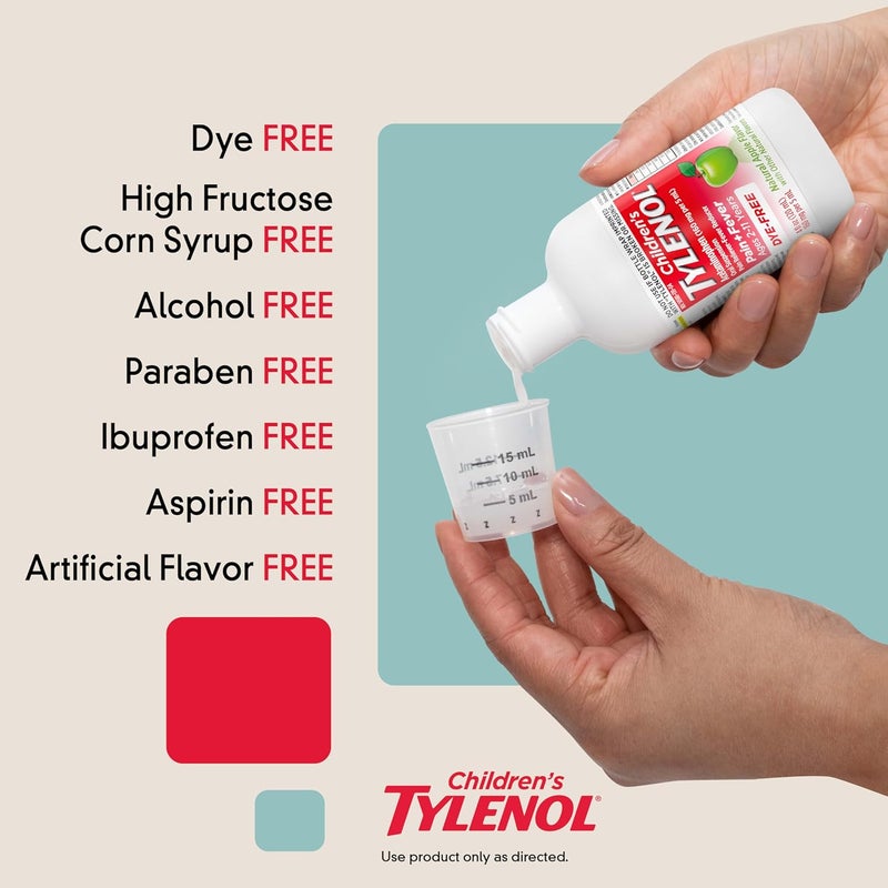 Tylenol دواء تايلينول للأطفال سائل لتخفيف الألم والحمى أسيتامينوفين تعليق فموي خالي من الأصباغ خالي من الأسبرين خالي من الإيبوبروفين خالي من شراب الذرة عالي الفركتوز بنكهة التفاح الطبيعية 8 أونصة سائلة - Image 3