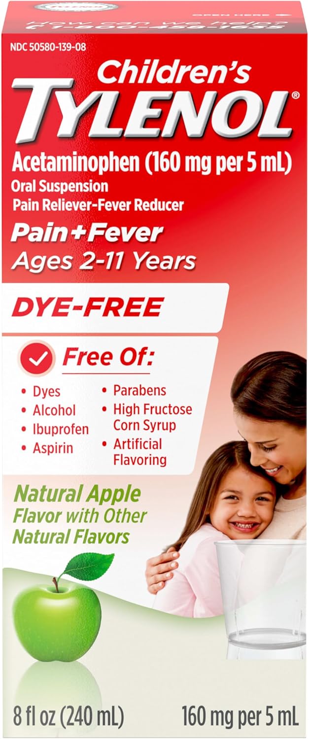 Tylenol دواء تايلينول للأطفال سائل لتخفيف الألم والحمى أسيتامينوفين تعليق فموي خالي من الأصباغ خالي من الأسبرين خالي من الإيبوبروفين خالي من شراب الذرة عالي الفركتوز بنكهة التفاح الطبيعية 8 أونصة سائلة - Image 1
