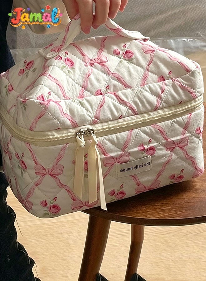 3-Piece Quilted Makeup Bag Set, Lovely Floral Cotton Cosmetic Bags, Travel Toiletry Organizer Bags for Women (Pink Bow Design) - Image 2