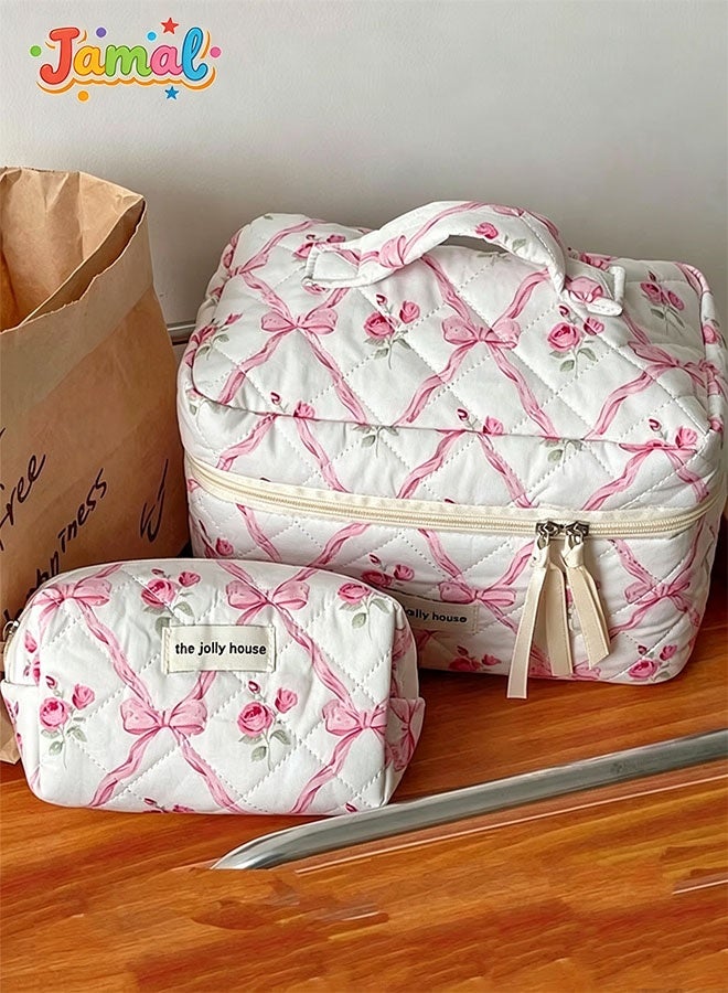 3-Piece Quilted Makeup Bag Set, Lovely Floral Cotton Cosmetic Bags, Travel Toiletry Organizer Bags for Women (Pink Bow Design) - Image 3