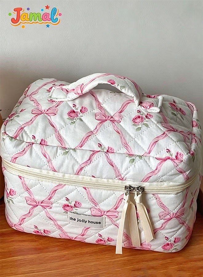 3-Piece Quilted Makeup Bag Set, Lovely Floral Cotton Cosmetic Bags, Travel Toiletry Organizer Bags for Women (Pink Bow Design) - Image 5