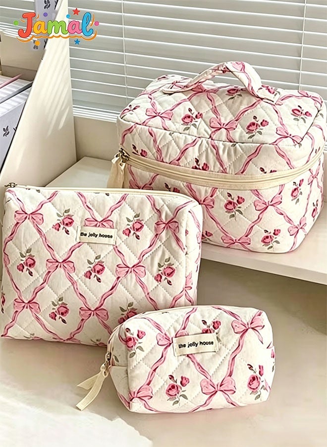 3-Piece Quilted Makeup Bag Set, Lovely Floral Cotton Cosmetic Bags, Travel Toiletry Organizer Bags for Women (Pink Bow Design) - Image 1